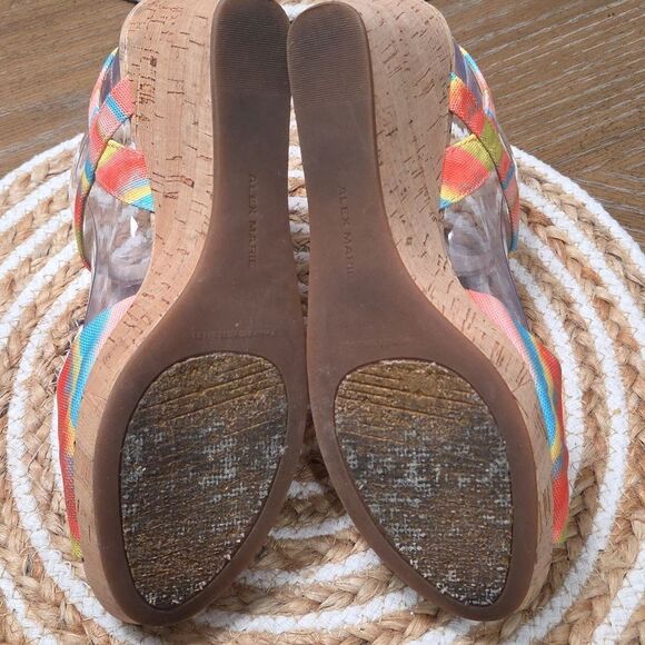 ALEX MARIE RAINBOW STRIPED CORK WEDGE SANDAL SZ 8 - Picture 7 of 9